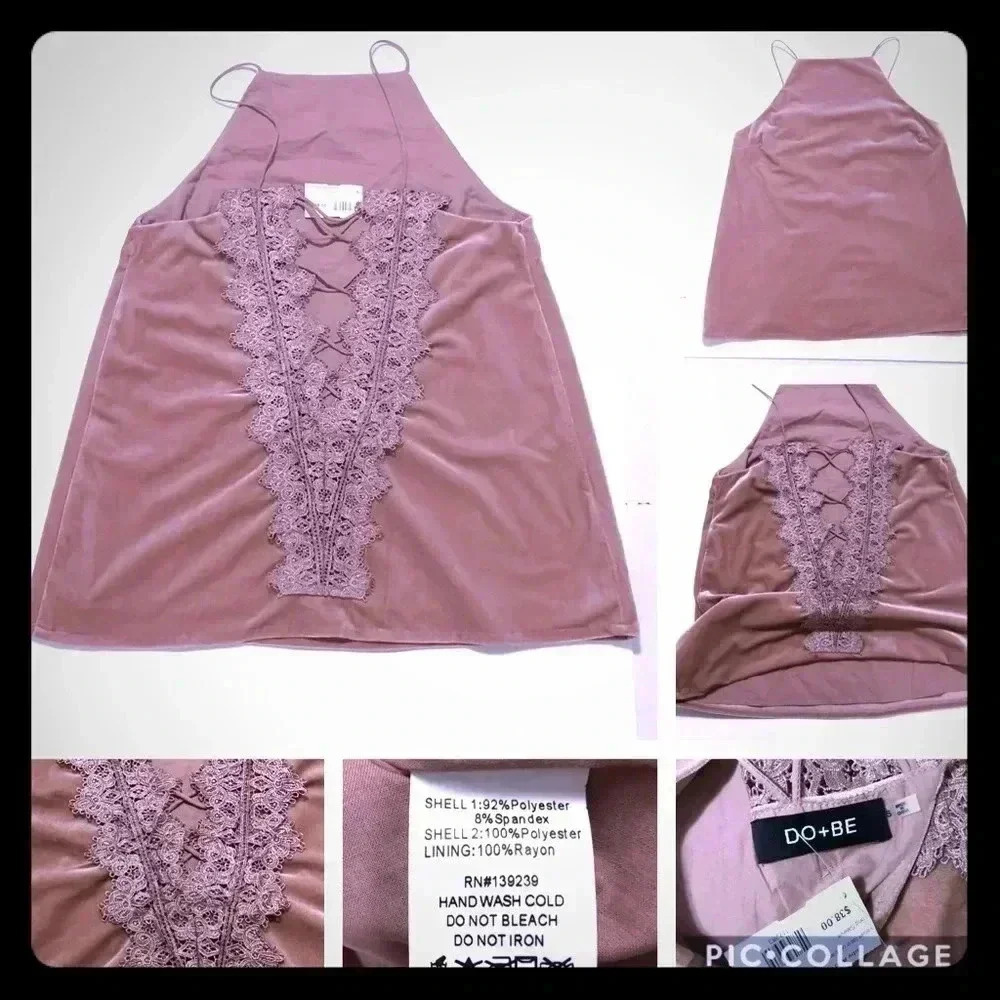 DO+BE Blush Velvet Lace‎ Up Back Halter Tank Top Y14120 Small NEW